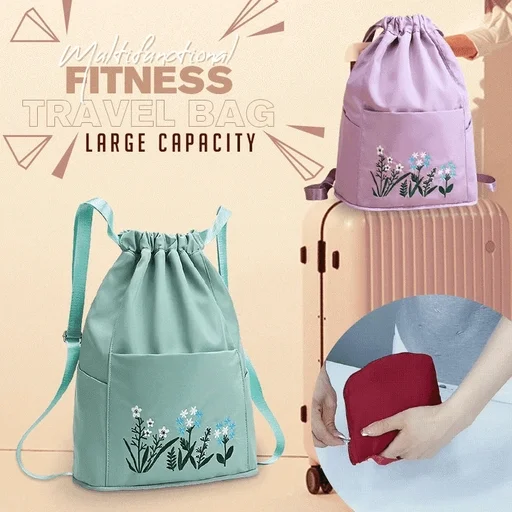 Multifunctional Fitness Travel Bag Flower Embroidery Folding Backpack Drawstring Lightweight Oxford Cloth Large Sports Bags